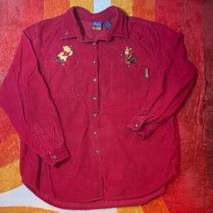 Vintage Disney Pooh Courdoroy Women's Red Button Down Shirt, 18/20 Retro